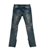 Load image into Gallery viewer, hand distressed patched denim golden accents
