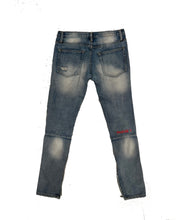 Load image into Gallery viewer, hand distressed patched denim golden accents
